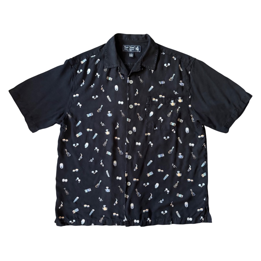 Nat Nast Luxury Originals Silk Camp Shirt Mens L‎ Black Embroidered Music Resort